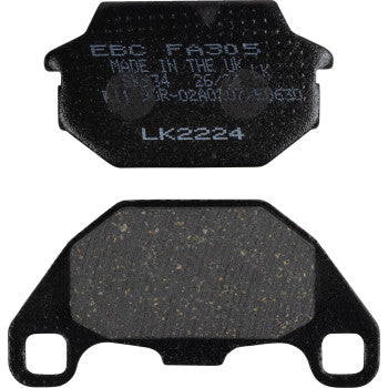 Black rectangular brake pads with rounded edges and two mounting holes, textured friction surface on one side, smooth.