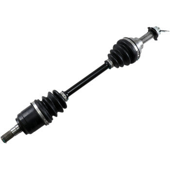 Black metal rear axle with rubber protective boots on both ends and spline gear fittings for Polaris Sportsman offroad.