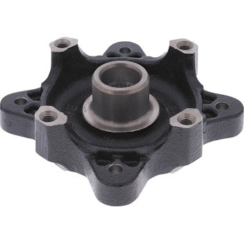 Black metal Polaris RZR Ranger front wheel hub with five bolt holes and central cylindrical hub sleeve.