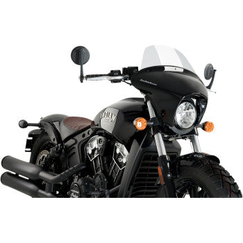 A black bobber motorcycle featuring a brown leather seat, Puig Hi-Tech Parts Fairing - Long Screen, circular mirrors, and a prominent headlight, seen from the front left angle.