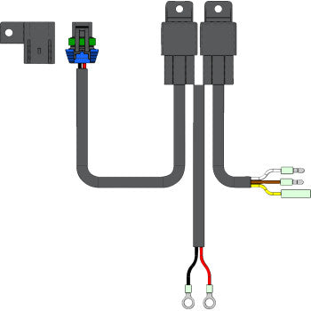 The Actuator Relay Harness Replacement by Kfi Products features connectors, two relays, paired wires with ring terminals, and various colored connectors for dependable electrical connections to a hydraulic actuator system.