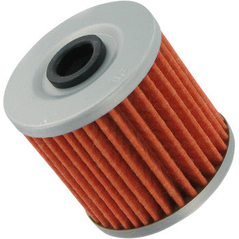 The Kawasaki Oil Filter by Vesrah is a cylindrical, pleated orange filter with gray metal end caps and a black central hole, made to trap small particles; shown on a white background.