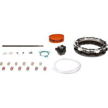 The Yamaha YFZ RadiusX 4.0 Clutch R X by Rekluse is shown on a white background with clutch plates, springs, gasket, orange clutch cover band, small hardware, rod, and clear hose.