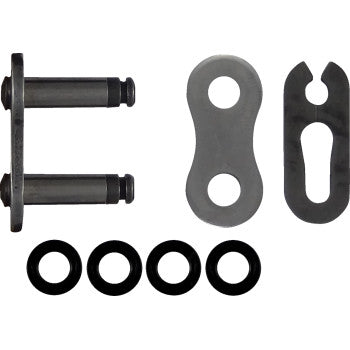 The 520 XRE Connecting Chain Master Link by Rk includes two pins, a solid link plate, a slotted connecting link plate, and four black washers, all displayed on a white background.