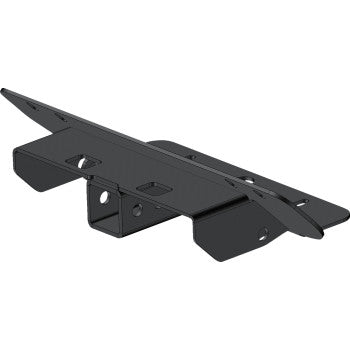 The Polaris Ranger Hitch Lower Front Receiver 2" by KFI Products is a black powder-coated steel bracket with multiple holes and angled edges, designed for easy installation on flat surfaces or structures.