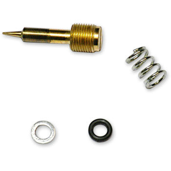 The Suzuki Replacement Carburetor Air Fuel Mixture Screw Kit by K&S Technologies includes a brass needle valve, metal washer, black rubber O-ring, and small metal coil spring, all displayed separately on a white background.
