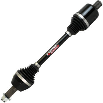 The Polaris Scrambler / Sportsman Axle Lift Kit Heavy Duty Rear Left & Right by Demon features a black chromoly steel axle shaft with rubber boots, CV joints at both ends, Demon branding, and high load molybdenum grease for durability.