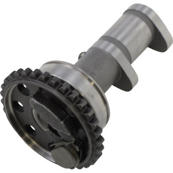 Metal Yamaha camshaft with toothed gear and cylindrical shaft, designed for exhaust tuning.