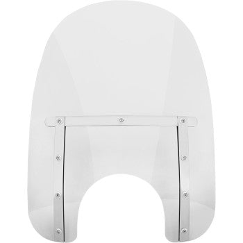 The Memphis Slim Windshield - 17 - Clear by Memphis Shades features a clear, curved Lucite design with a U-shaped bottom cutout and includes metal brackets and screws for easy installation.