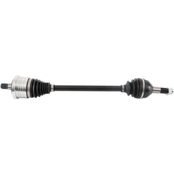 Black metal axle shaft with silver metal CV joints and ribbed rubber boots on both ends.