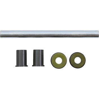 A metal rod, two cylindrical bushings, and two round washers with green centers are arranged on a white background, illustrating the A-Arm Repair Kit Front Upper by Epi.