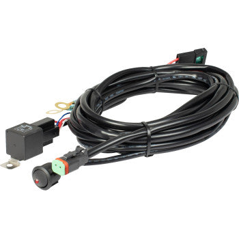 The Relay Harness Single Light by Vision X features a black automotive wiring harness with heavy-duty ring terminals, connectors, a round button switch, and a weatherproof connector for reliable performance, all coiled neatly for easy organization.