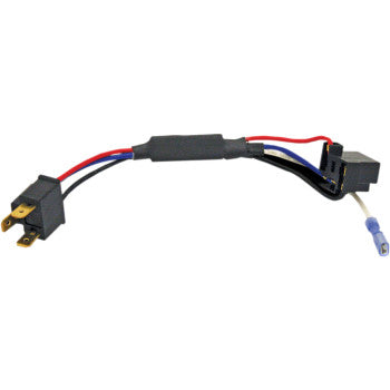 The Hi / Lo Adapter and Halo Ring Enabler by Custom Dynamics features multi-colored wires, dual black connectors, and a blue insulated terminal—perfect for efficient headlight integration.