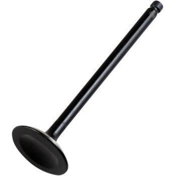 Black steel intake valve with a flat round head and long slender stem for offroad engines.