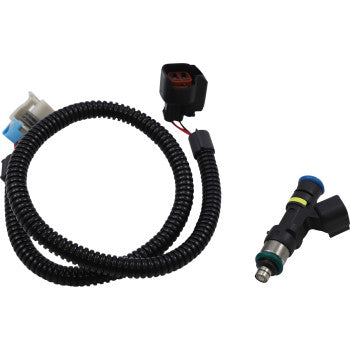 The Polaris Fuel Injector with Pigtail by Moose Offroad includes a black wire harness with coiled sleeve and connectors, shown next to the black-and-blue fuel injector—perfect for repairs or performance upgrades. Isolated on white background.