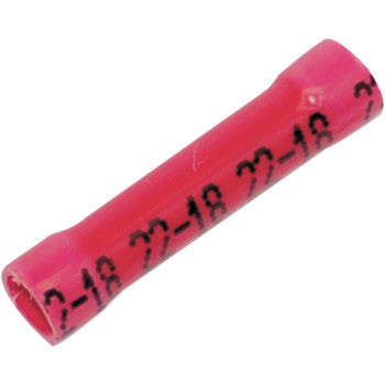 A close-up of a red Butt Splices 18 22 Gauge 25PK by Namz, featuring black text for wire size (22-18) and designed to offer a watertight seal.