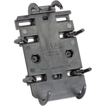 Black rugged plastic universal quick grip cradle with adjustable hooks and metal screws for secure mounting.
