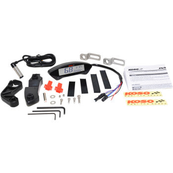 Compact digital gauge with black and silver casing, clear red LED display, wired connectors, mounting brackets, screws,.