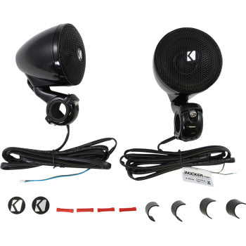 Two black Mini Speakers 4 ohm by Kicker with full range drivers, attached wires, mounting hardware, cast-aluminum clamp mounts, caps, adhesive strips, and curved mounts are displayed on a white background.