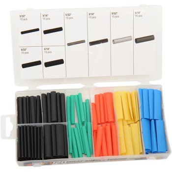 The Heat Shrink Tubing 120 PC by Performance Tool comes in an open plastic box with labeled compartments, featuring assorted sizes and colors of polyolefin tubing, each labeled with quantities and diameters.