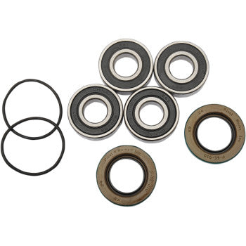 The Polaris Wheel Bearing Kit Front by Pivot Works is displayed on a white background, featuring six wheel bearings, two O-rings, and two brown oil seals for smooth steering performance.