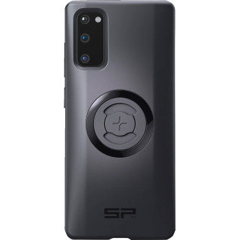 The SPC+ Phone Case for Samsung Galaxy S20 by Sp Connect is a black case featuring a triple rear camera cutout, circular magnetic grip with SP logo at the bottom, and MagSafe compatibility for easy wireless charging.