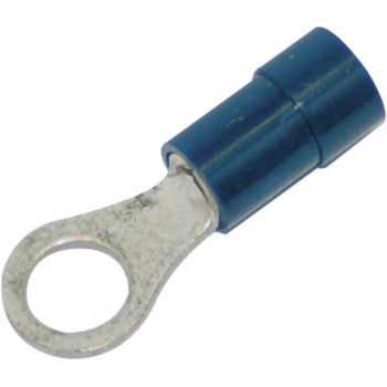 A close-up of Namz Ring Terminals for 14-16 gauge wiring (#10), featuring a blue insulated sleeve and durable PVC construction for electrical applications.