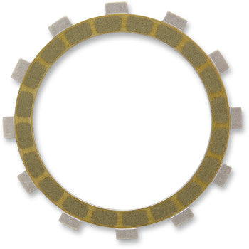 The Clutch Friction Plate by Barnett features evenly spaced rectangular tabs and a textured surface, ideal for use with steel drive plates in demanding applications; shown here against a white background.