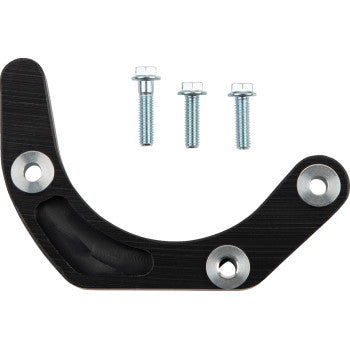 The Honda Case Saver Black by T.M. Designworks is a lightweight black metal bracket with three holes and includes three silver bolts, shown on a white background.
