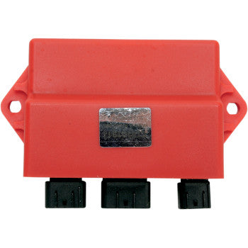 Red rectangular Yamaha Hot Shot CDI box with three black electrical connectors and mounting holes on each side.