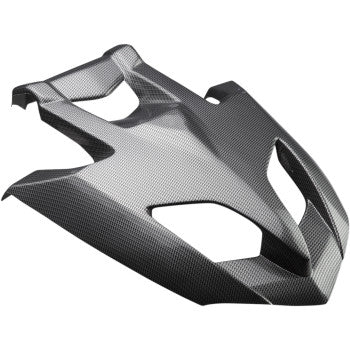 A close-up of the Custom Hood Black Carbon Scooped by Maier, featuring sharp angles and cutout sections in black carbon fiber, displayed on a white background.