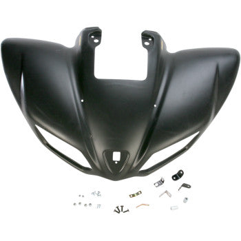 A matte black Maier Front Fender for Kawasaki KFX, featuring angular contours, is displayed on a white background with various small mounting hardware and fasteners arranged below it.