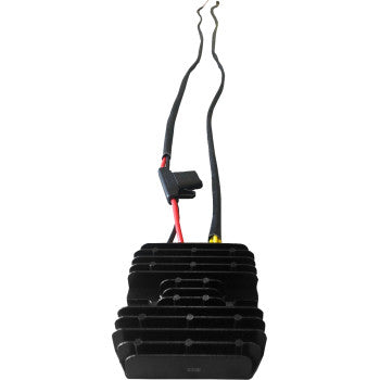 Black finned metal Polaris Hot Shot regulator/rectifier with attached black, red, and yellow wires.
