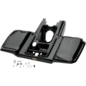 The Rear Fender Black by Maier, made from high-density polyethylene and OEM color matched, includes mounting hardware and small components shown below on a white background.