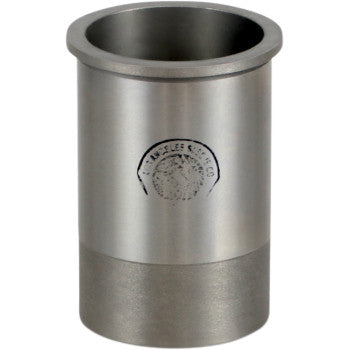 Metallic silver cylindrical engine sleeve with smooth finish and stamped logo near top edge.