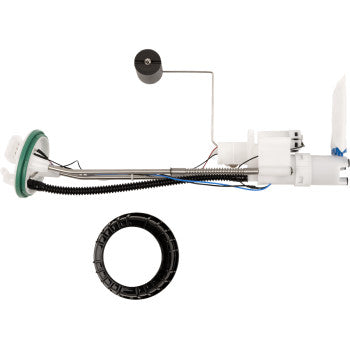 The Can Am Fuel Pump Module Assembly by Moose Offroad is a white replacement unit featuring a black float arm and wiring, pictured with a circular black gasket or seal.