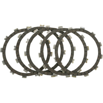 Five circular friction plates from the Clutch Kit by Ebc are arranged in a staggered overlap on a white background. Made of cork-based material, the dark plates have evenly spaced rectangular tabs for enhanced heat resistance.