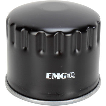 The Can Am - John Deere Oil Filter by Emgo is a black, cylindrical oil filter with a ridged top and silver base trim, crafted for engine longevity from high-quality materials and shown on a white background.