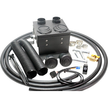 Black metal UTV cab heater box with two vent knobs, flexible black hoses, wiring, clamps, and mounting hardware kit.