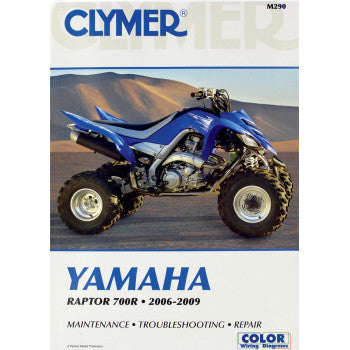 Cover of the Yamaha YFM Yamaha Raptor Manual by Clymer, showing a blue ATV in the desert. Highlights include maintenance, shortcut repairs, troubleshooting tips, and repair instructions with color wiring diagrams. For 2006-2009 models.