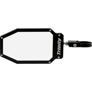 Rectangular Apex Side View Mirror in black by Trinity Racing, with roll cage clamp and Apex logo printed on the side.