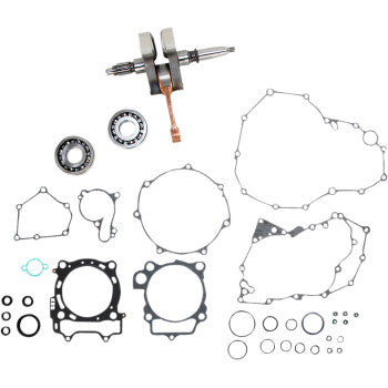 The Yamaha Crankshaft Kit OE Crankshaft Replacement by Hot Rods includes an OEM-spec crankshaft, gaskets, bearings, seals, and O-rings, all arranged neatly on a white background.