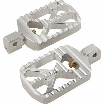 Two Indian Bear Claw Footpegs - Silver by Joker Machine, crafted from CNC machined aluminum with toothed edges and cut-out designs, are placed side by side on a plain white background.