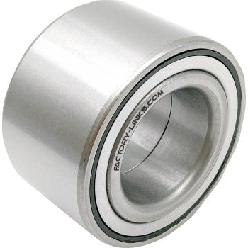 A close-up of the Arctic Cat Wheel Bearing Kit Rear by Factory Links shows a shiny, cylindrical metal bearing with visible inner and outer rings, marine grease for durability, and FACTORY-LINKS.COM engraved on the edge.