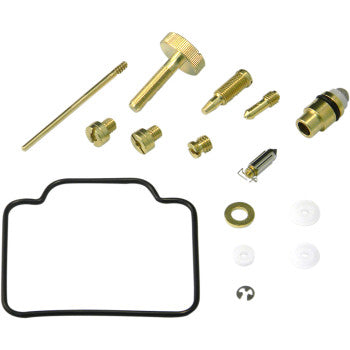 The Polaris Carburetor Repair Kit by Shindy includes jet needle sets, float valves, brass jets, screws, a needle, O-ring gasket, washers, clip, and plastic parts—perfect for carburetor rebuilds.
