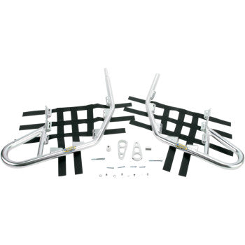 Two Honda TRX Nerf Bars Silver by Motorsport Products, made of extruded aluminum tubing with chrome plating and black webbing, include mounting brackets and hardware. Arranged on a white background, they meet ATVA rules for safety and durability.