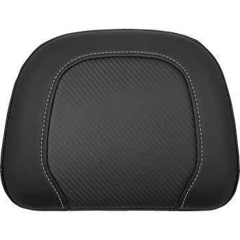 The Indian Roadsofa™ Sissy Bar Pad - Carbon Fiber by Saddlemen features a black, rectangular padded backrest with white stitching and a textured center, offering enhanced comfort for your Indian Motorcycle.