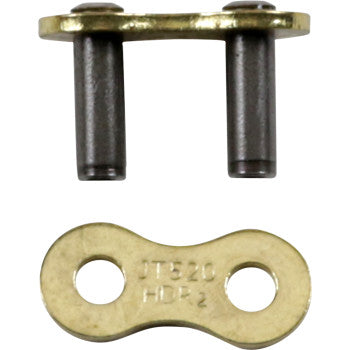 A 520 HDR GB Super Replacement Master Link Rivet by JT Chains, gold with two pins and a separate connecting plate stamped JT520 HDP 2, is displayed on a white background.