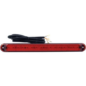 Slim rectangular LED light bar with a red lens and black base, featuring attached black wiring.