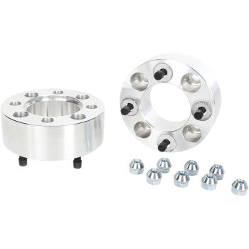 Two High Lifter Spacer with Stud Wheel Rear 4/110 2—in silver with multiple bolt holes and black studs—plus ten silver lug nuts, are shown on a white background; perfect as wheel adapters or for aftermarket ATV tires.